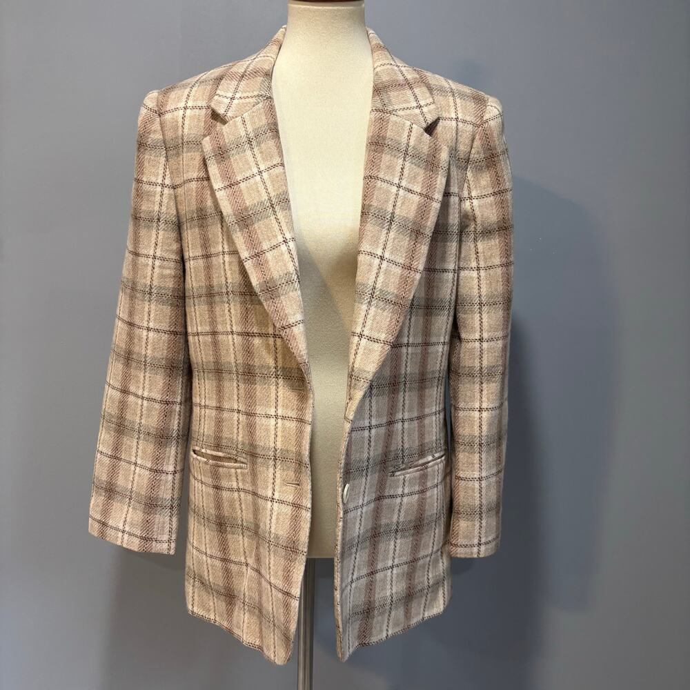 VTG Graff Plaid Tweed Blazer Jacket Brown Cream Wool Academia, Women's Size 10